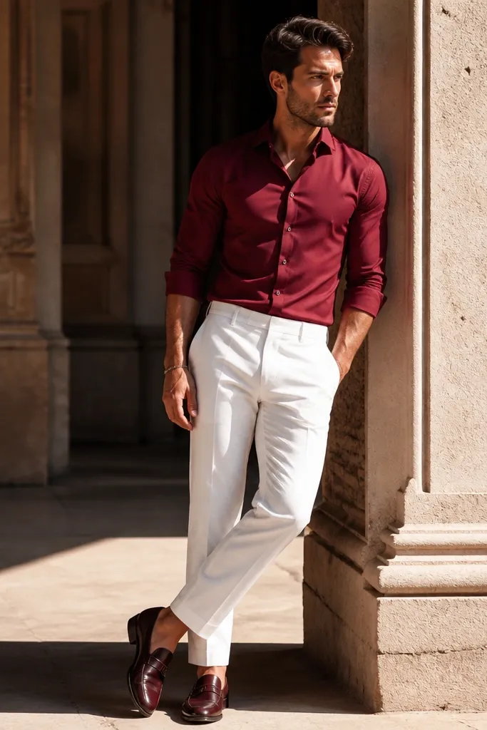 Red dress shirt with white tailored trousers and oxblood leather shoes