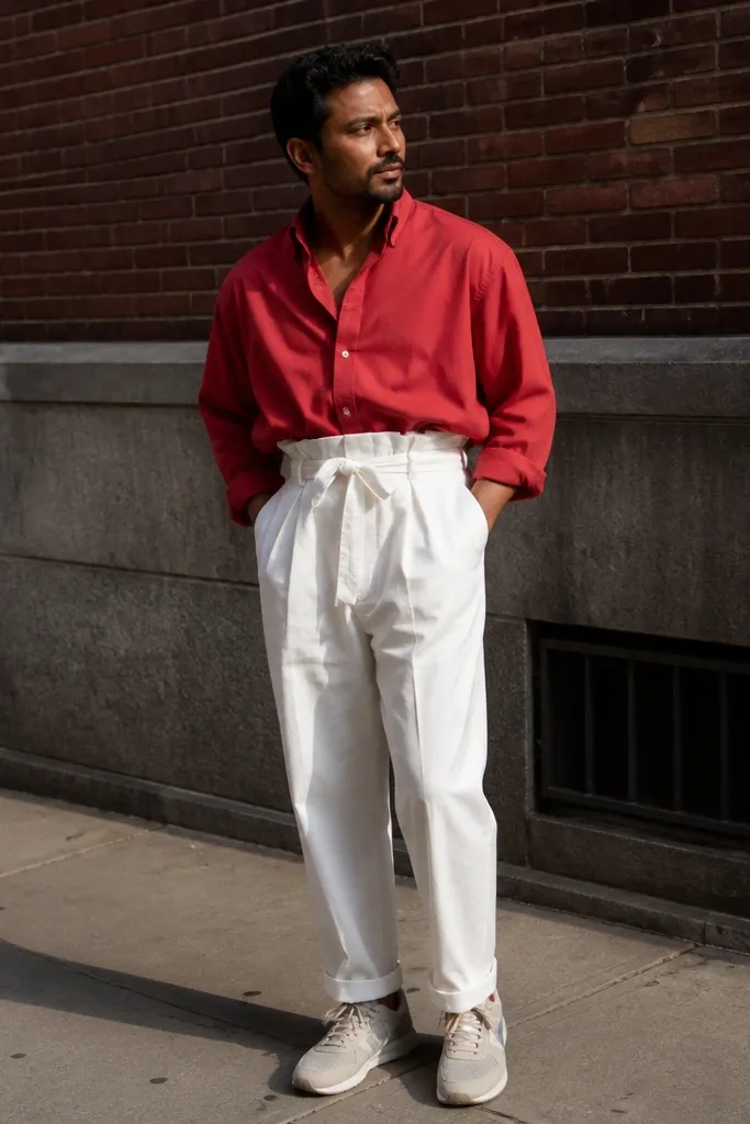 Red oversized shirt with white paperbag waist pants and nude flats