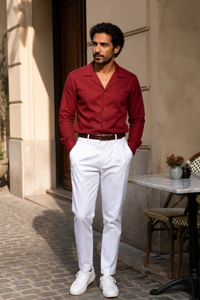 Crimson camp-collar shirt with white pleated tapered trousers and tan loafers