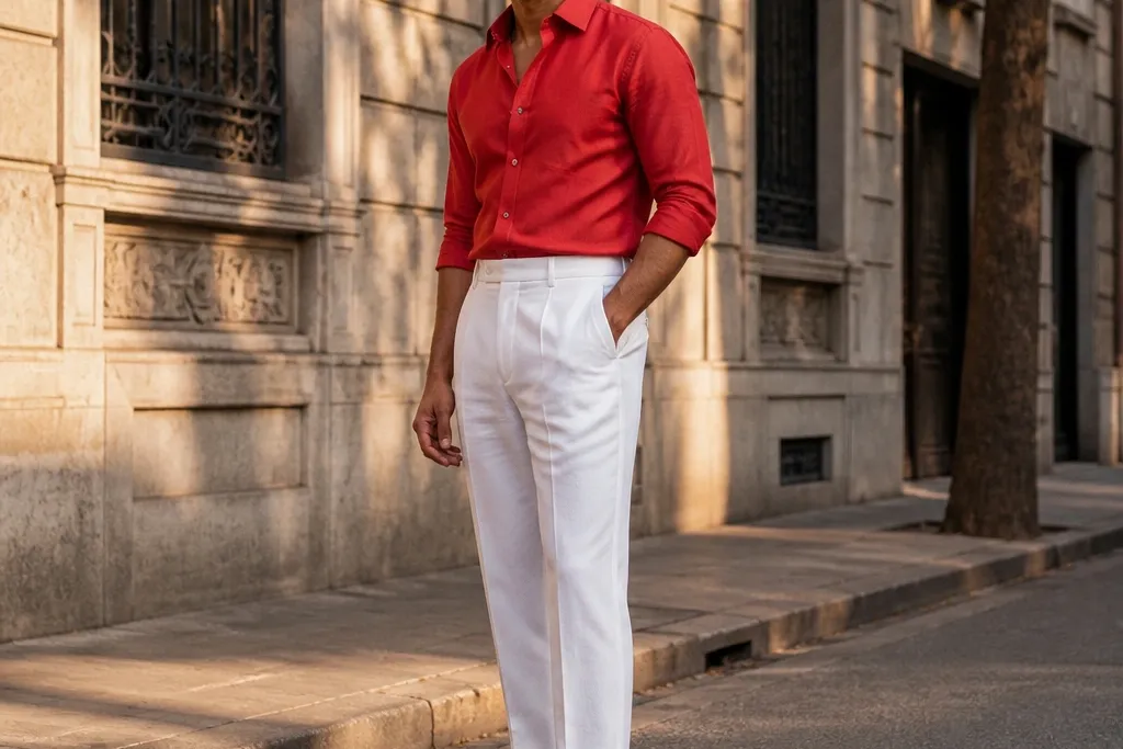Red Shirt and White Pants Men Outfits