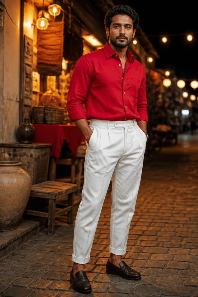 Red Shirt and White Pants Men Outfits