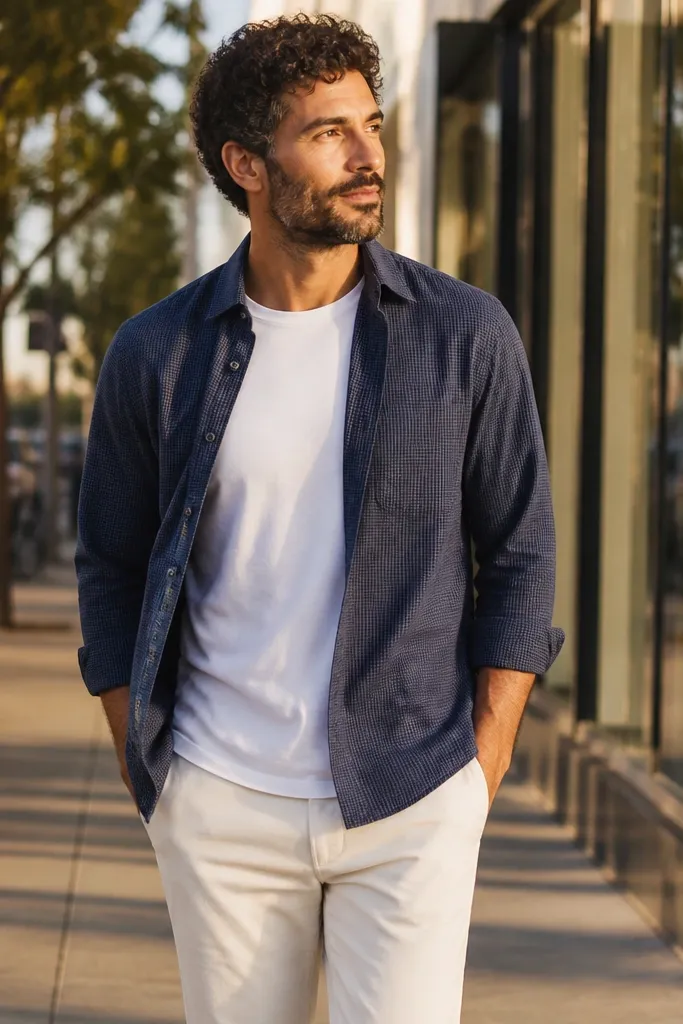 Navy micro-check short-sleeve flannel with off-white chinos and white sneakers