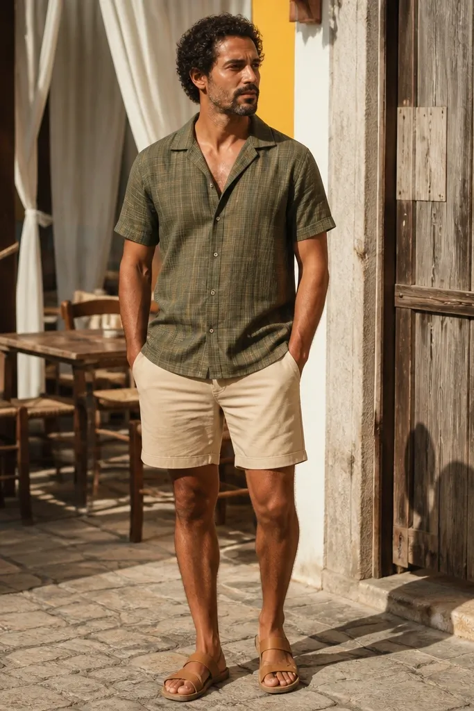 Olive short-sleeve flannel with sand shorts and tan sandals