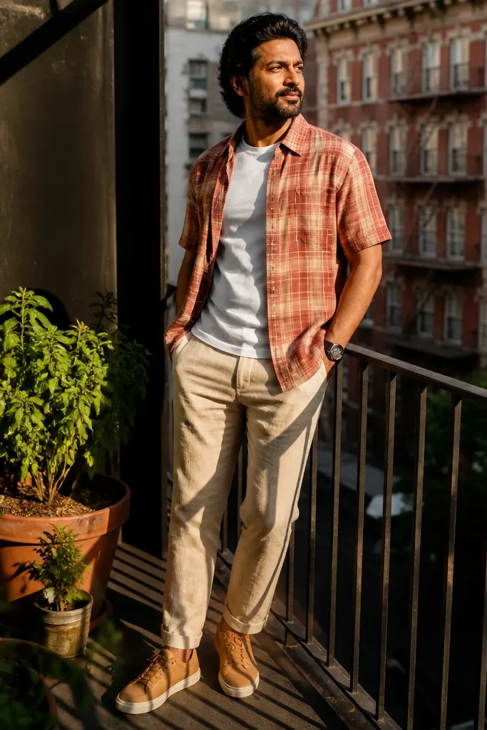 Rust plaid short-sleeve flannel worn open over a white tee with dark jeans