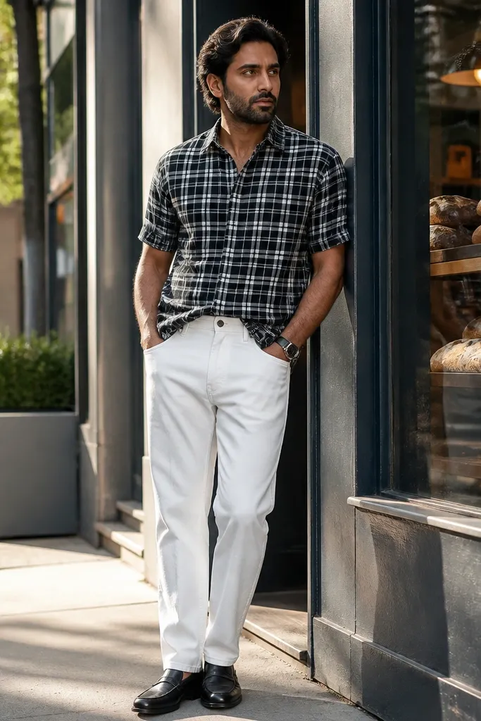 Black-and-white check short-sleeve flannel with white jeans and black sneakers