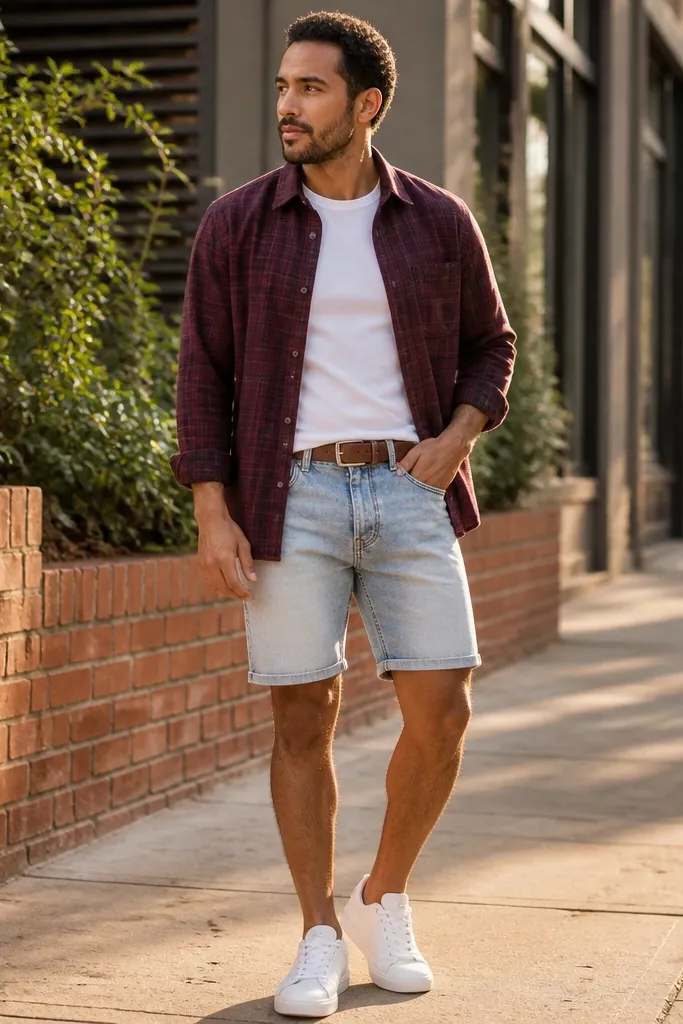Burgundy short-sleeve flannel with light-wash denim shorts and brown sandals