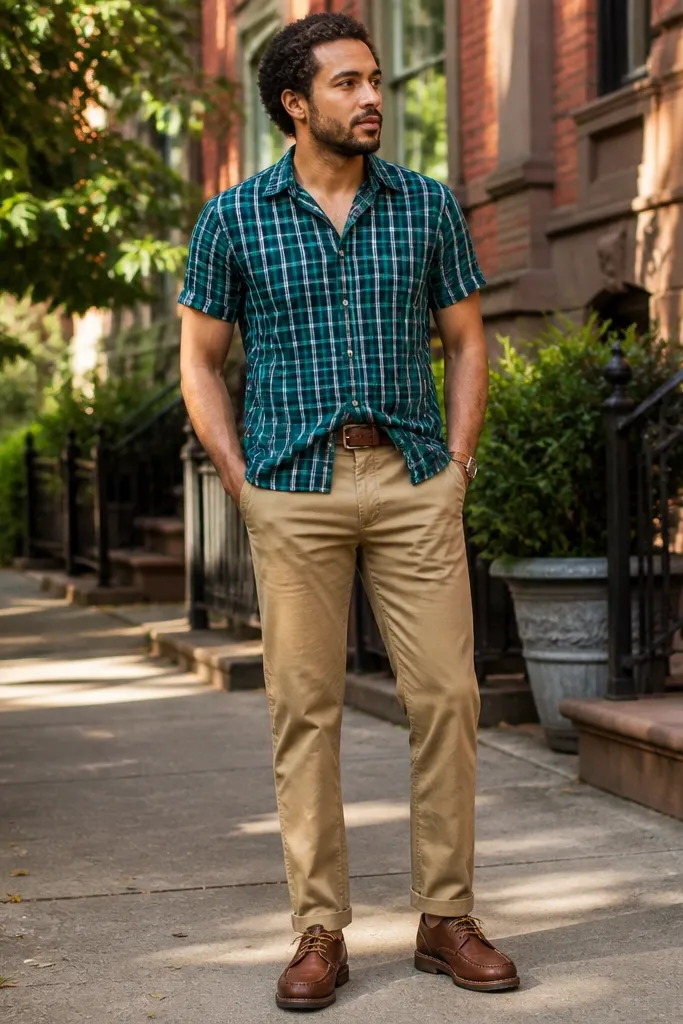 Teal check short-sleeve flannel with khaki chinos and tan loafers