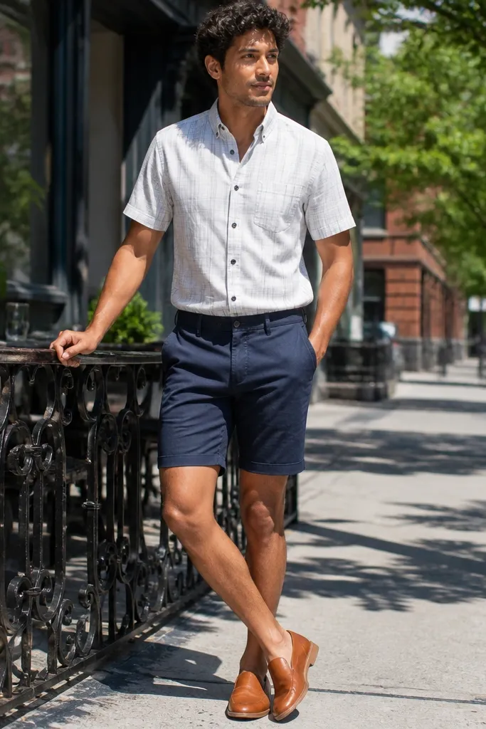 White short-sleeve flannel with navy shorts and white sneakers