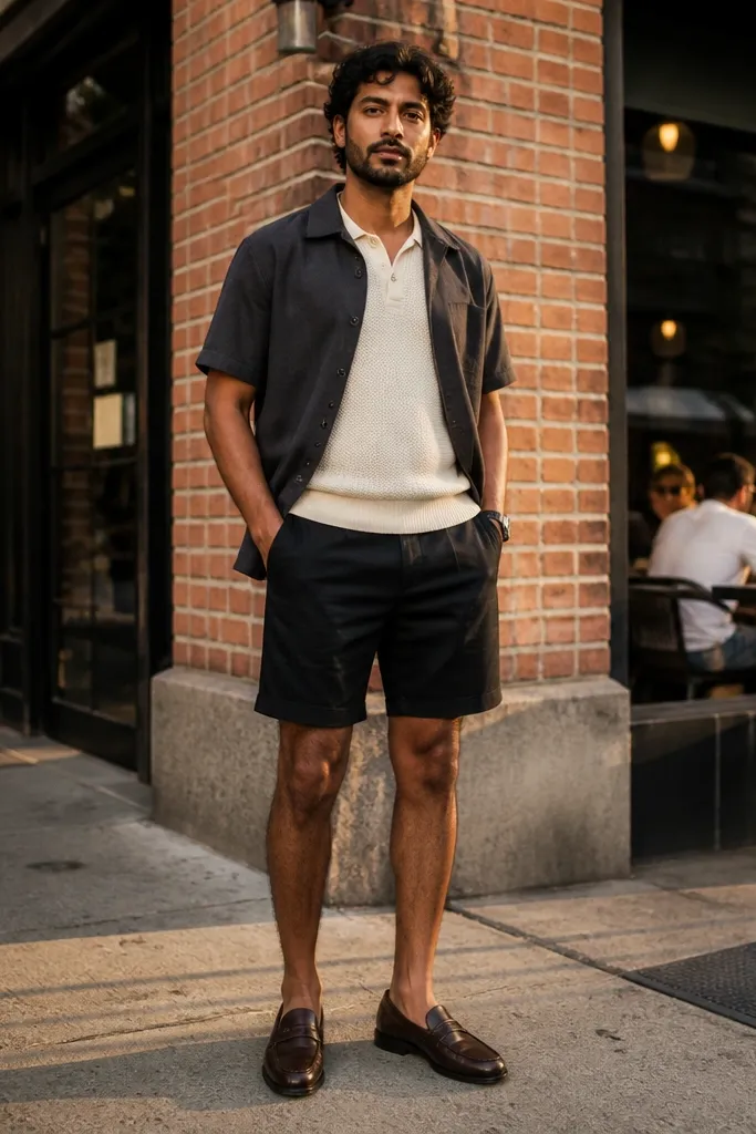 Charcoal short-sleeve flannel layered over a cream knit polo and dark jeans