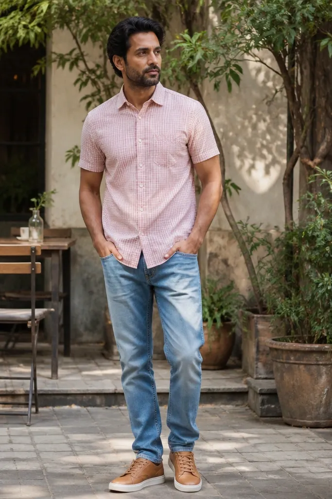 Pale pink micro-gingham short-sleeve flannel with light blue denim jeans and white sneakers