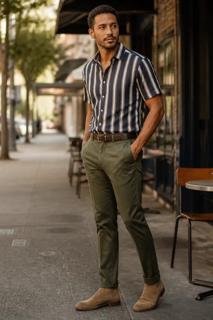 Navy and cream striped short-sleeve flannel with olive chinos and brown boots