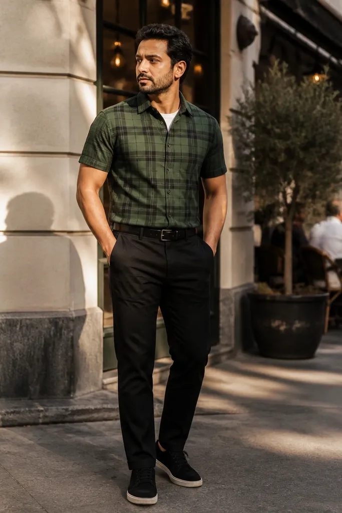 Green plaid short-sleeve flannel with black tapered pants and black loafers