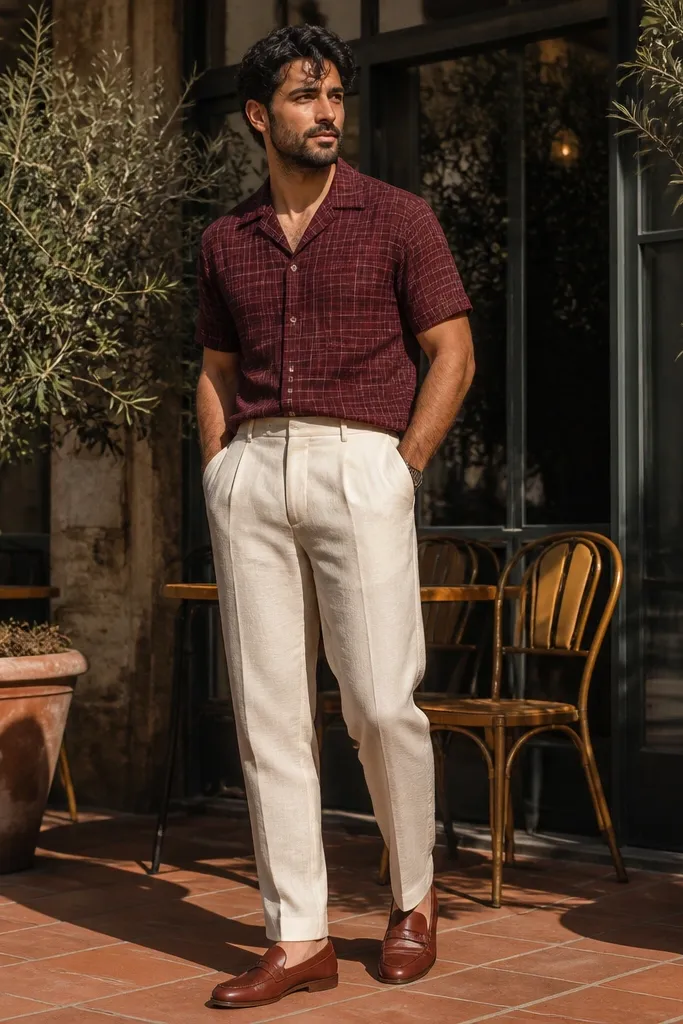 Burgundy short-sleeve flannel with cream trousers and brown loafers