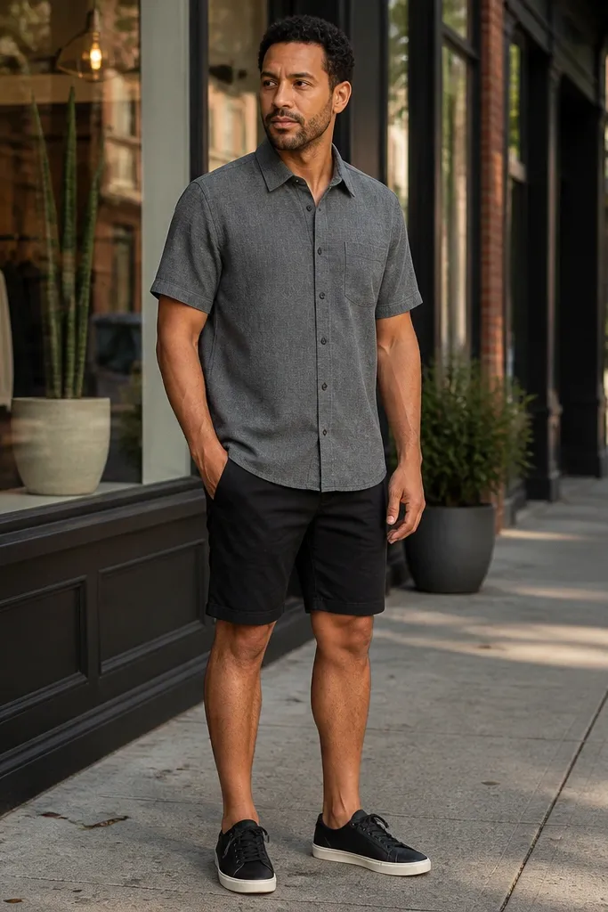 Grey short-sleeve flannel with black denim shorts and canvas sneakers