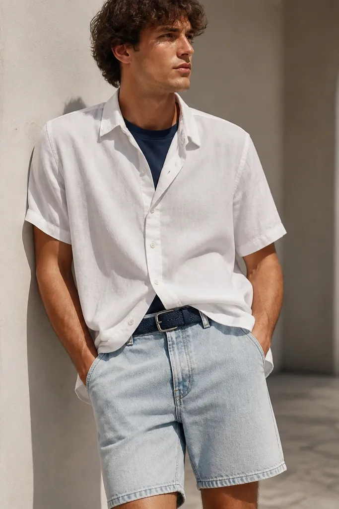 A white short-sleeve linen shirt buttoned loosely, paired with light-wash denim shorts and a navy belt. A navy crew-neck tee peeks at the collar. The shirt is untucked and slightly billowy.