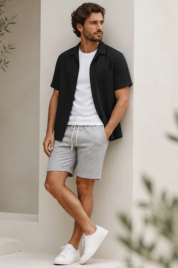 A black short-sleeve linen shirt worn open over a white T-shirt. The bottoms are heather-gray shorts with a casual drawstring. White low-top sneakers complete the outfit.