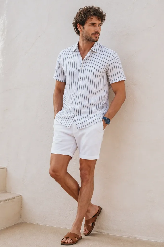 A short-sleeve linen shirt with thin navy stripes on a white base. It's buttoned and worn with white tapered shorts. A navy watch and brown leather slides finish the look.
