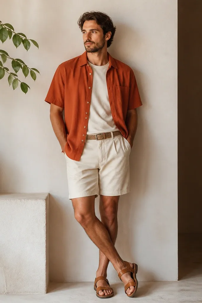A terracotta-orange short-sleeve linen shirt worn slightly open over a cream tee. Cream shorts with a woven belt are visible. The outfit includes tan leather sandals.