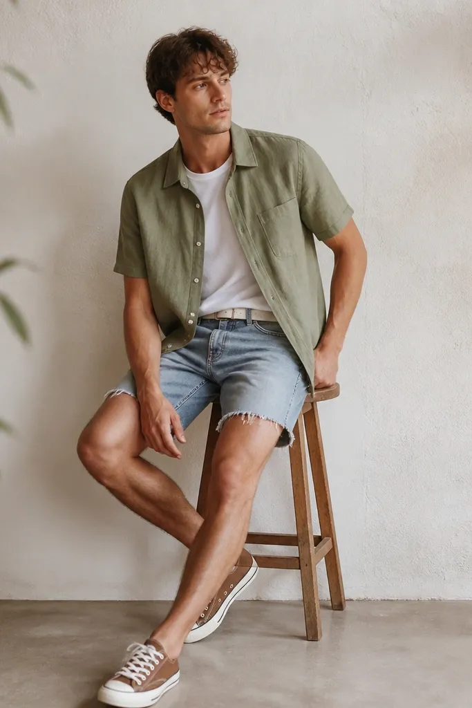 A muted green short-sleeve linen shirt worn over a white tee. The bottoms are denim cutoffs with frayed hems and a white belt. The footwear is brown canvas sneakers.