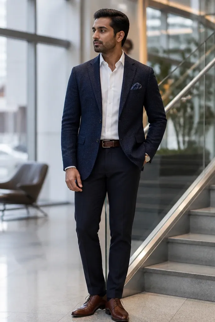 Navy blazer with a white Oxford shirt, dark chinos, and brown leather loafers