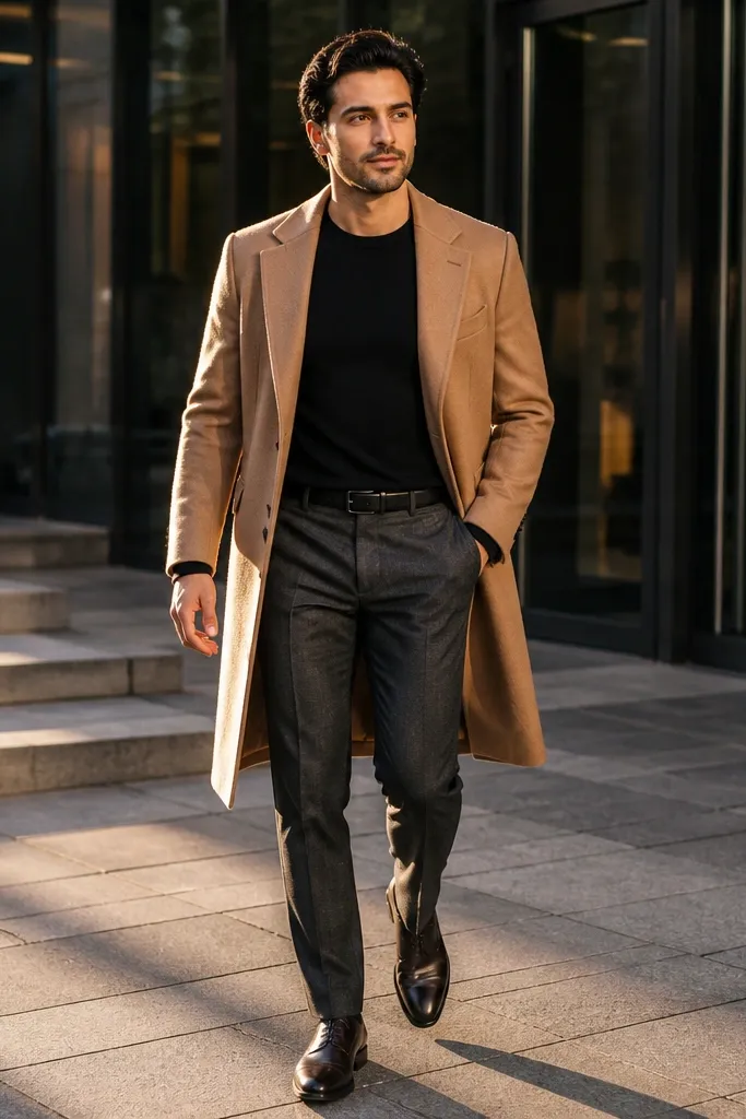 Camel overcoat over a black crewneck with charcoal trousers and black boots