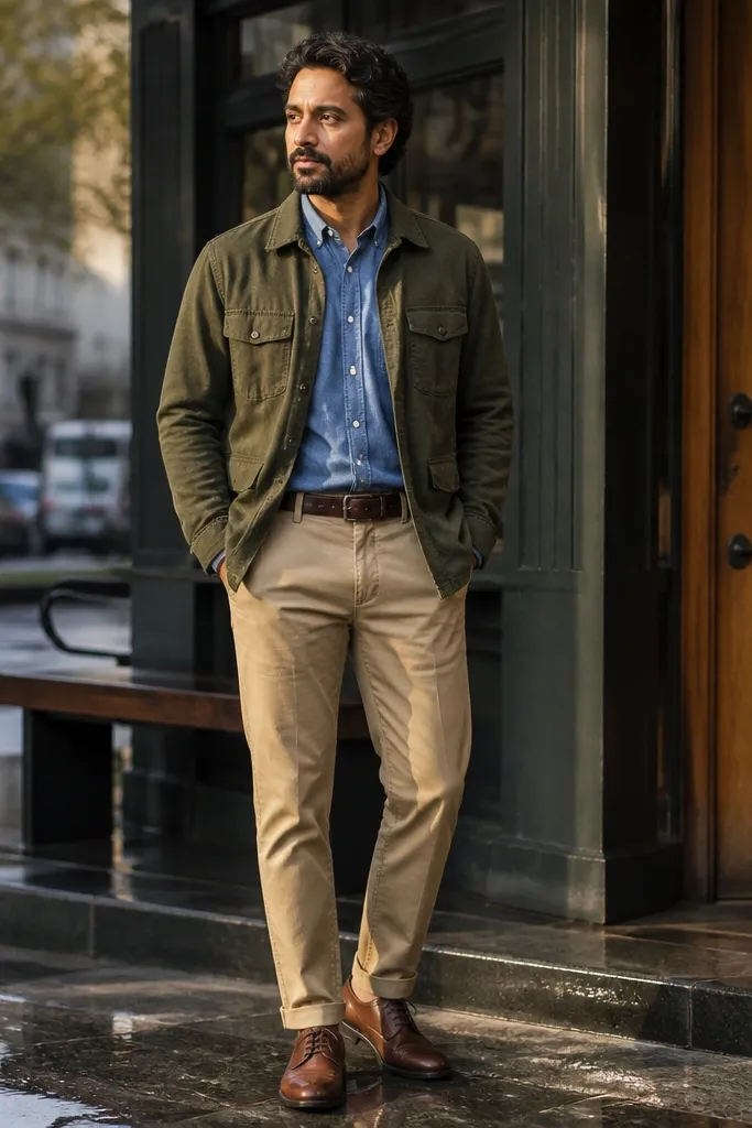 Olive overshirt over a light blue chambray shirt with tan chinos and white sneakers