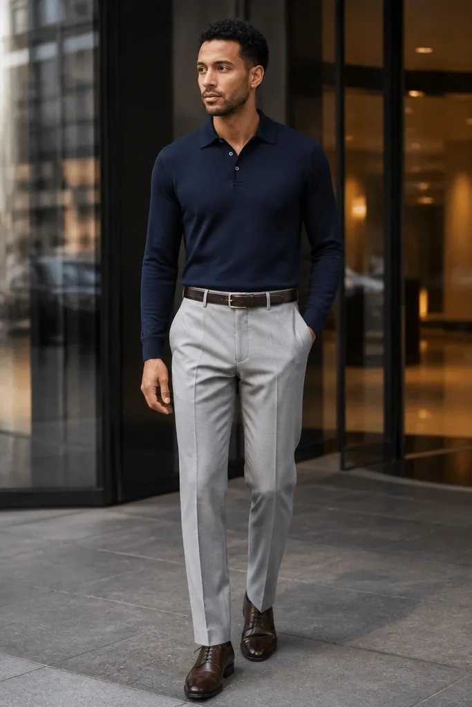 Navy knit polo with light gray trousers and dark brown loafers