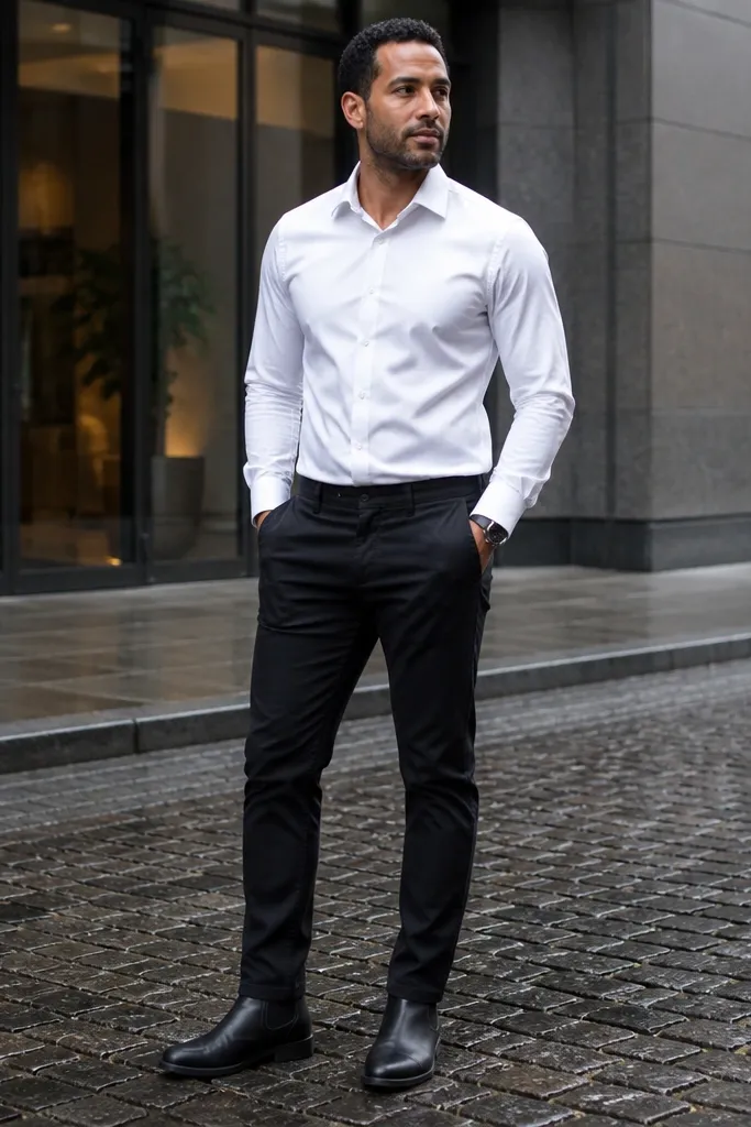 White dress shirt tucked into black chinos with black Chelsea boots