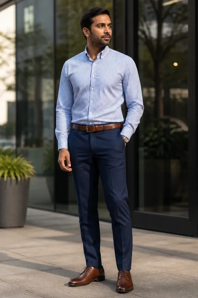 Blue-and-white striped shirt with navy trousers and tan belt with brown shoes