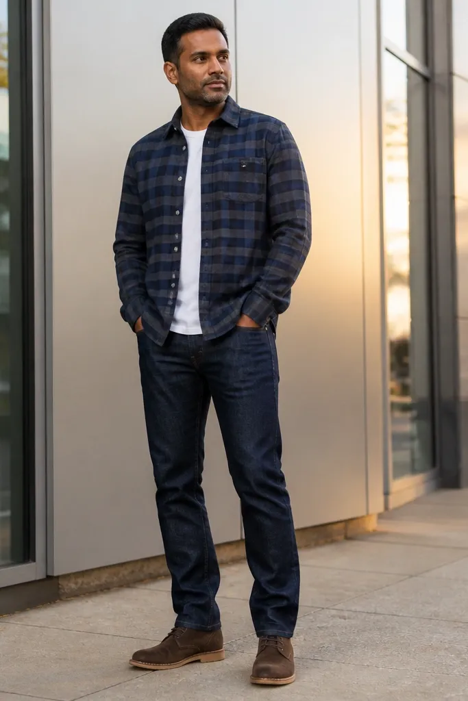 Checked flannel shirt over dark jeans with tan suede chukkas