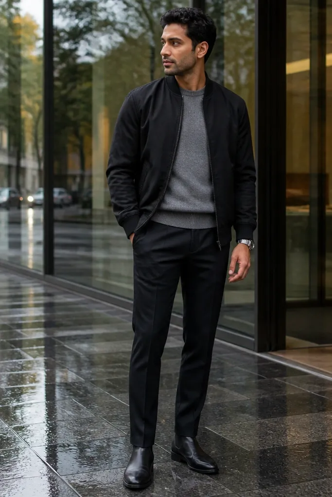 Black bomber jacket over a gray crewneck with tapered trousers and black sneakers