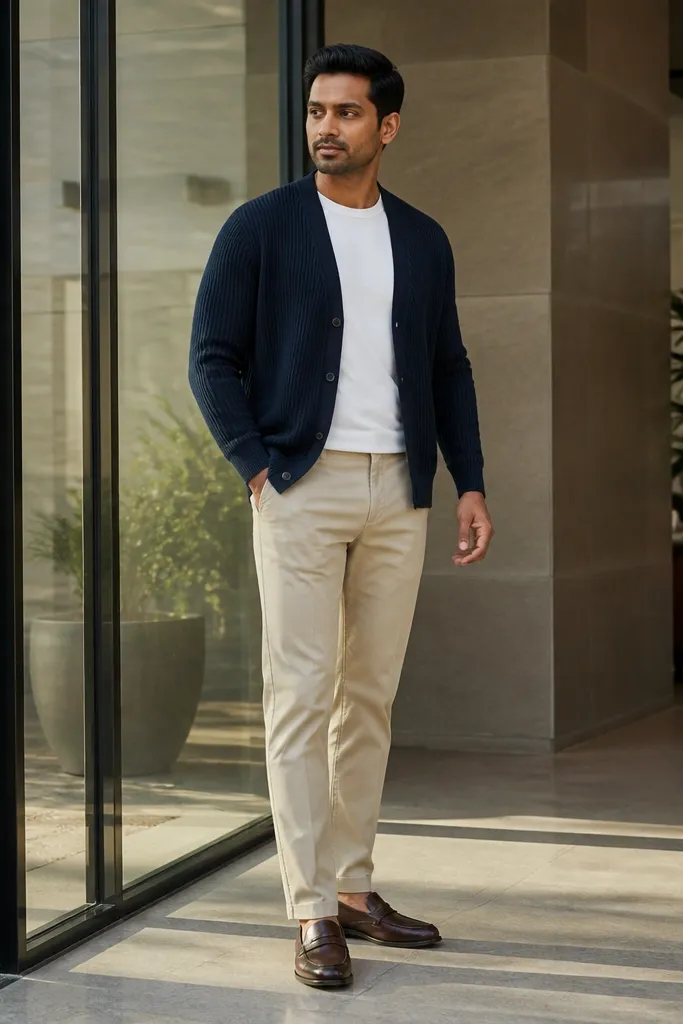 Navy cardigan over a white tee with sand chinos and brown loafers