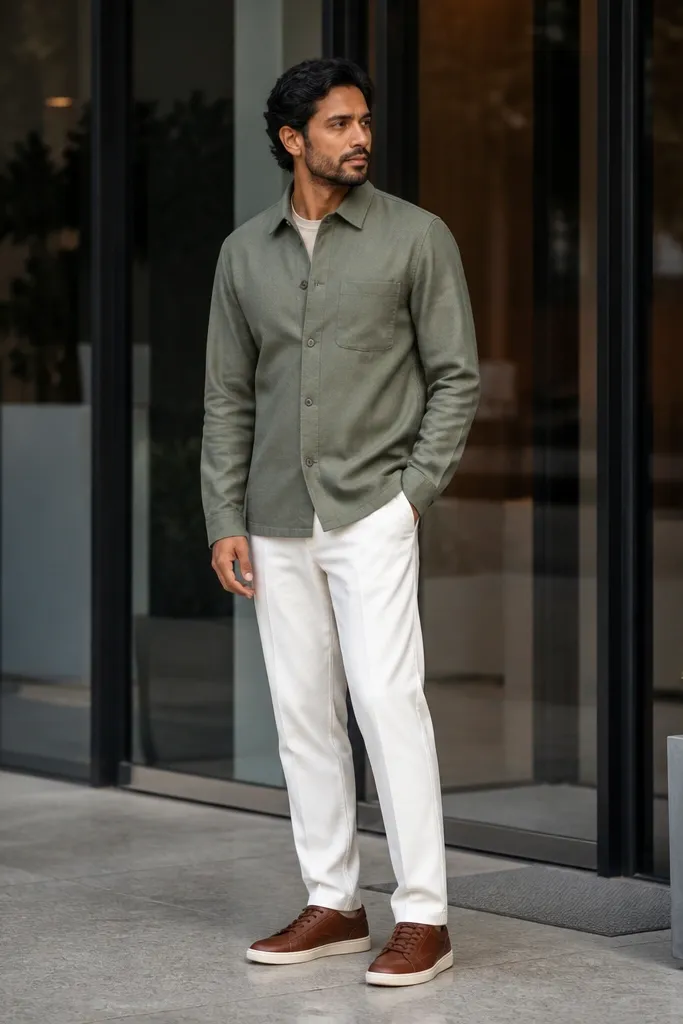 Sage green overshirt over a white shirt with white trousers and brown sneakers