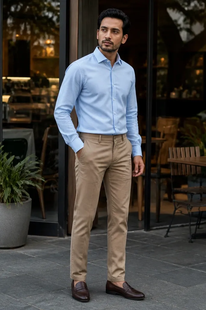 Light blue dress shirt tucked into tan chinos with dark brown loafers and belt