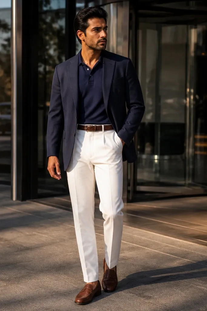 Navy polo with white trousers and a navy blazer over shoulders
