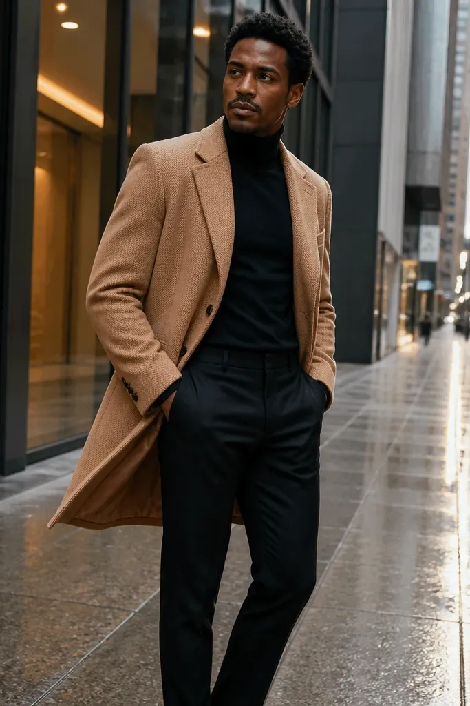 Black turtleneck under a camel coat with black trousers and black leather boots