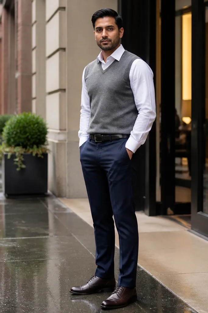 White button-down with a gray knit vest and navy trousers with brown derbies