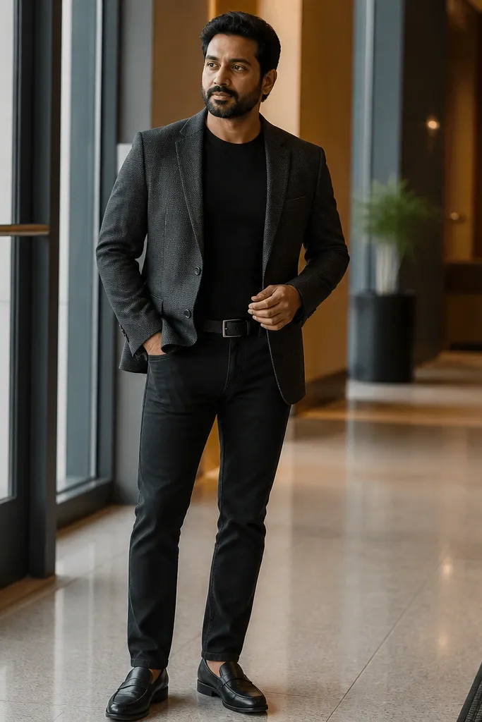 Charcoal suit jacket over a black tee with black jeans and black leather shoes