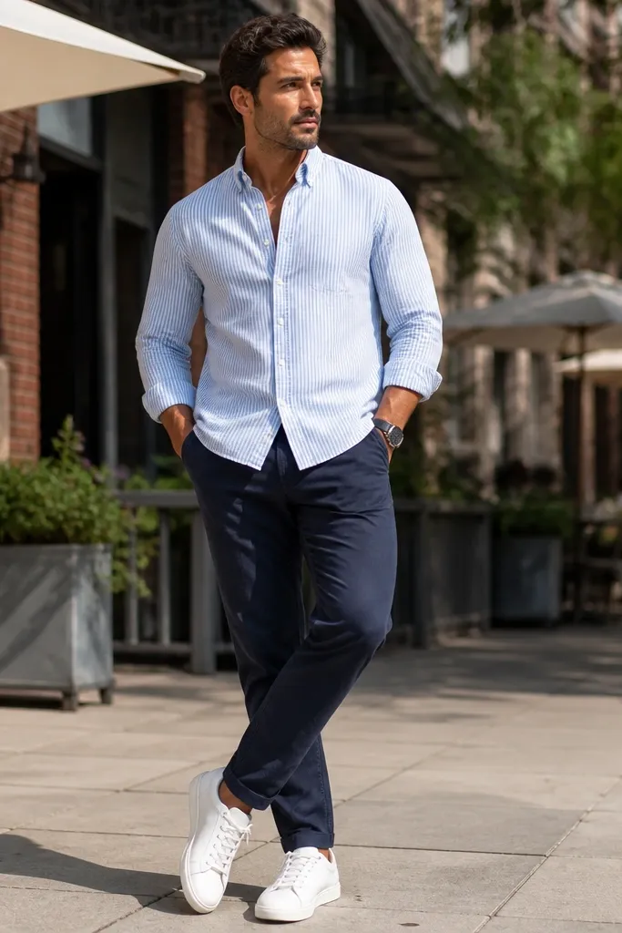 Seersucker button-down with navy chinos and white leather sneakers