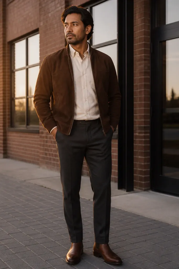 Brown suede jacket over a cream shirt with dark trousers and brown boots