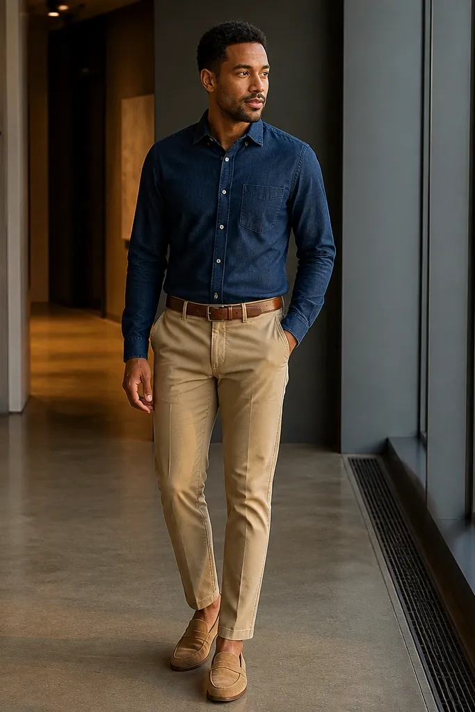 Denim button-up with khaki chinos, tan belt, and tan loafers