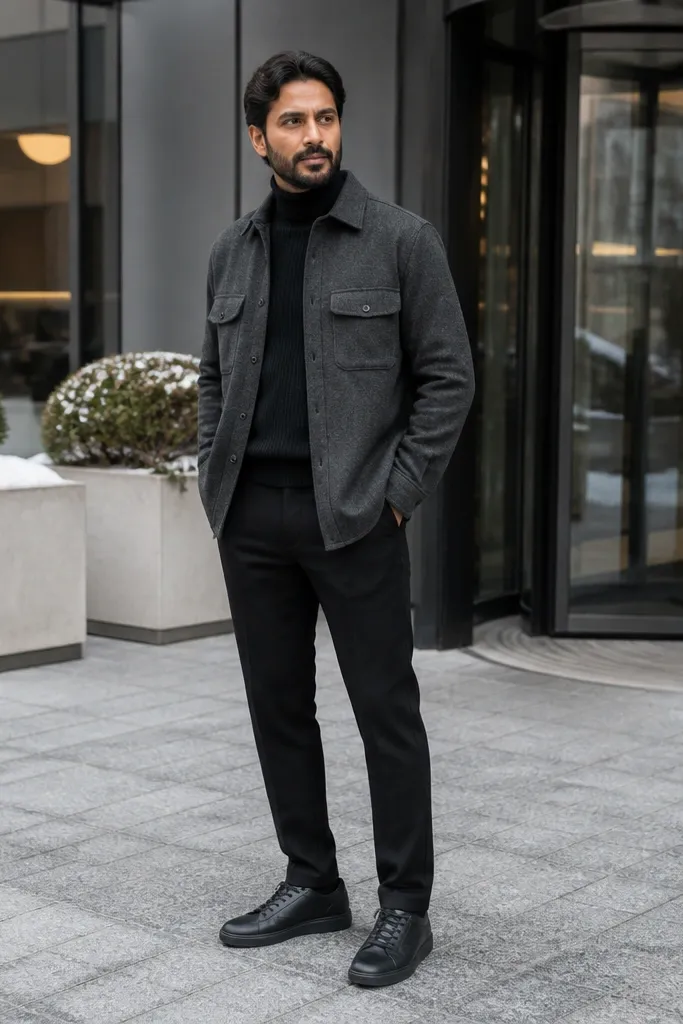 Charcoal overshirt over a black turtleneck with black trousers and black sneakers