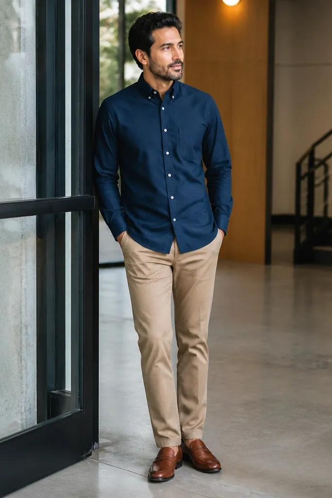 Navy oxford shirt with tan chinos and cognac loafers