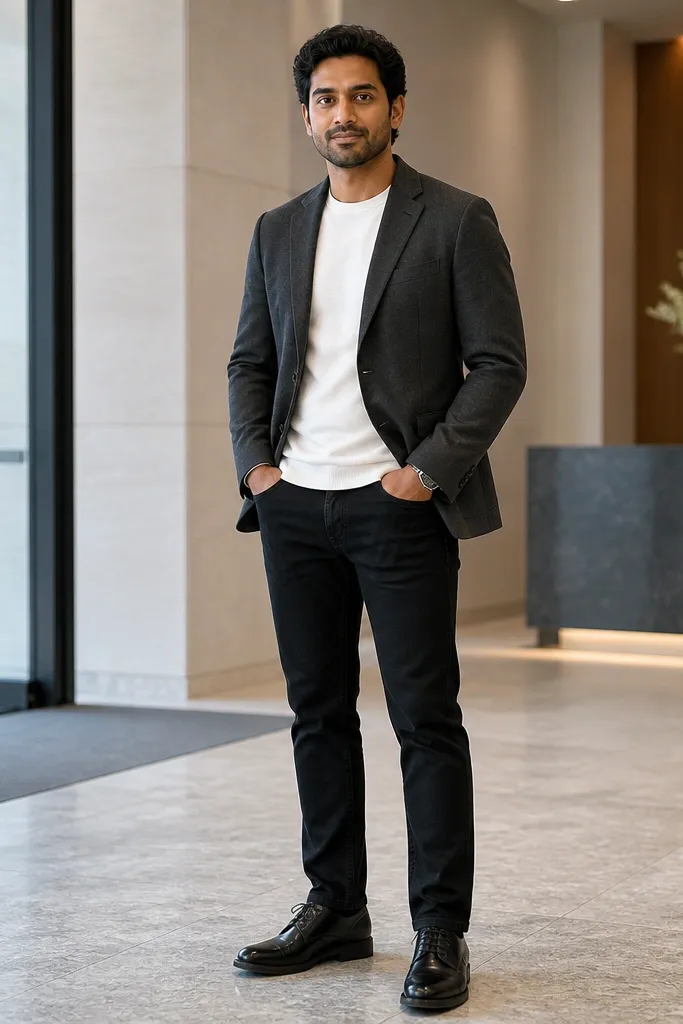 Charcoal blazer over white tee with black straight-leg jeans