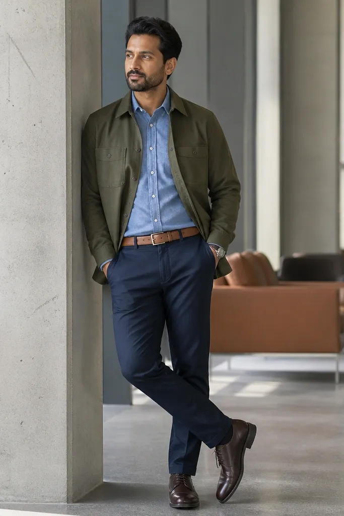 Olive overshirt over light blue chambray with dark trousers