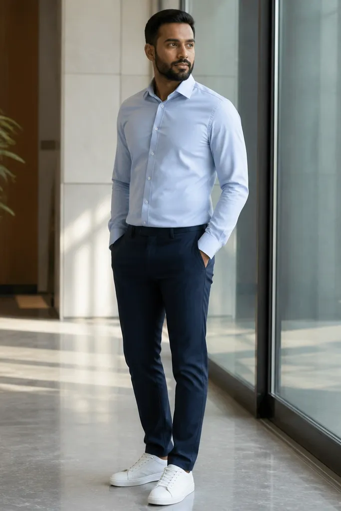 Light blue dress shirt tucked into navy chinos with clean white sneakers