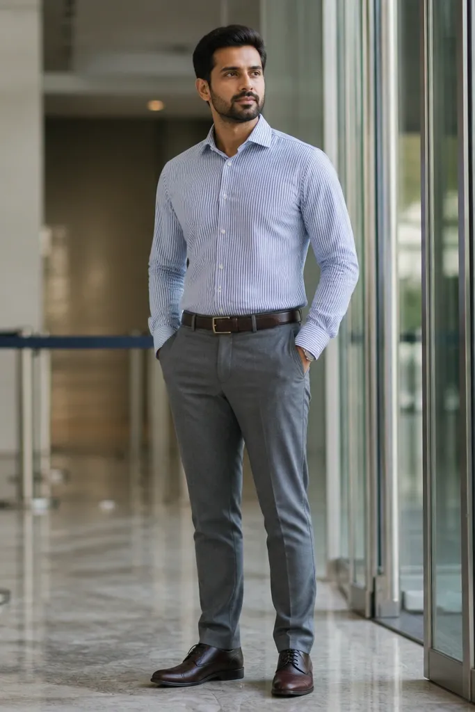 Blue-and-white striped button-down with grey slacks and dark brown belt