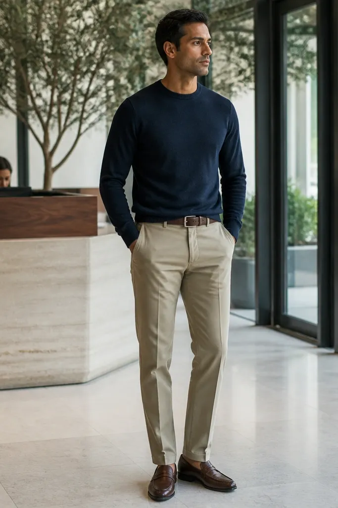 Navy crewneck sweater with light khaki chinos and dark loafers