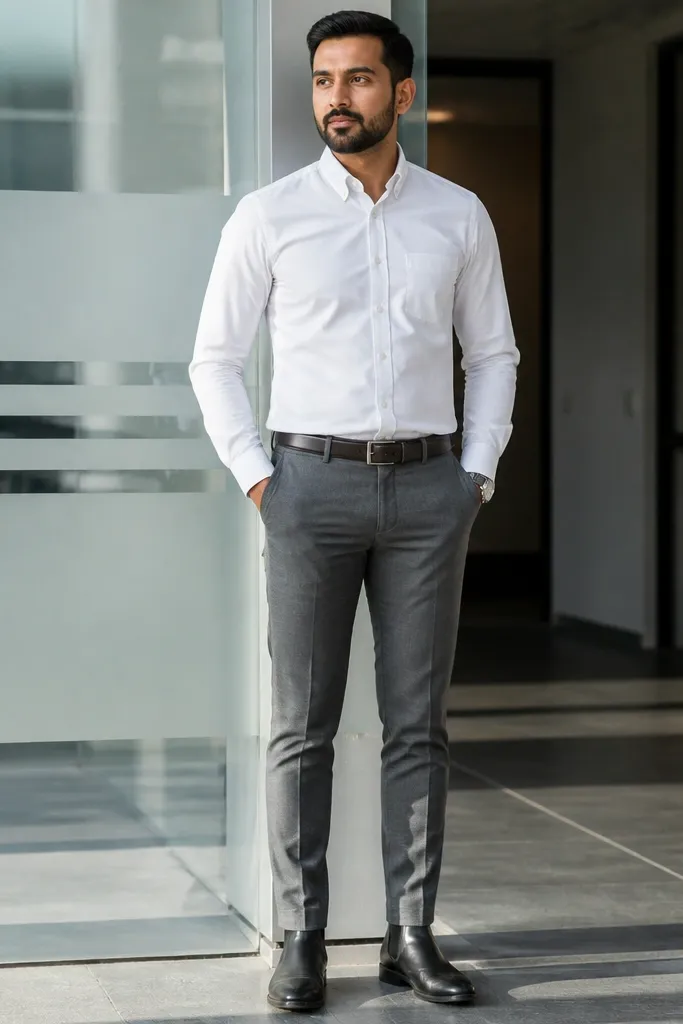 White oxford button-down with grey flannel trousers and black Chelsea boots
