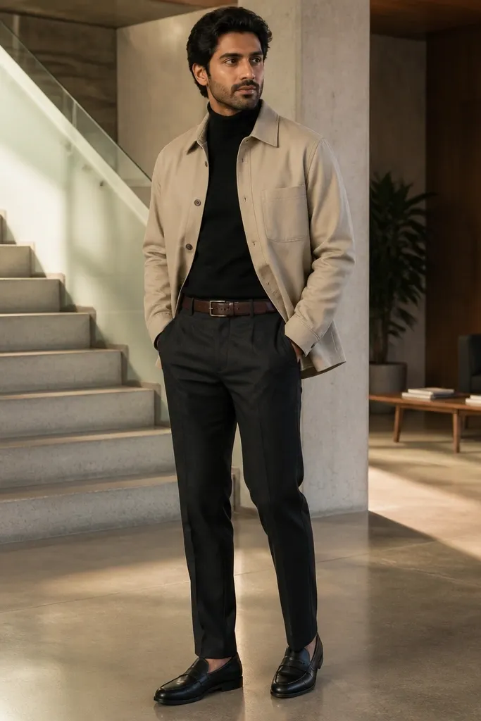 Sand overshirt over black turtleneck with charcoal chinos